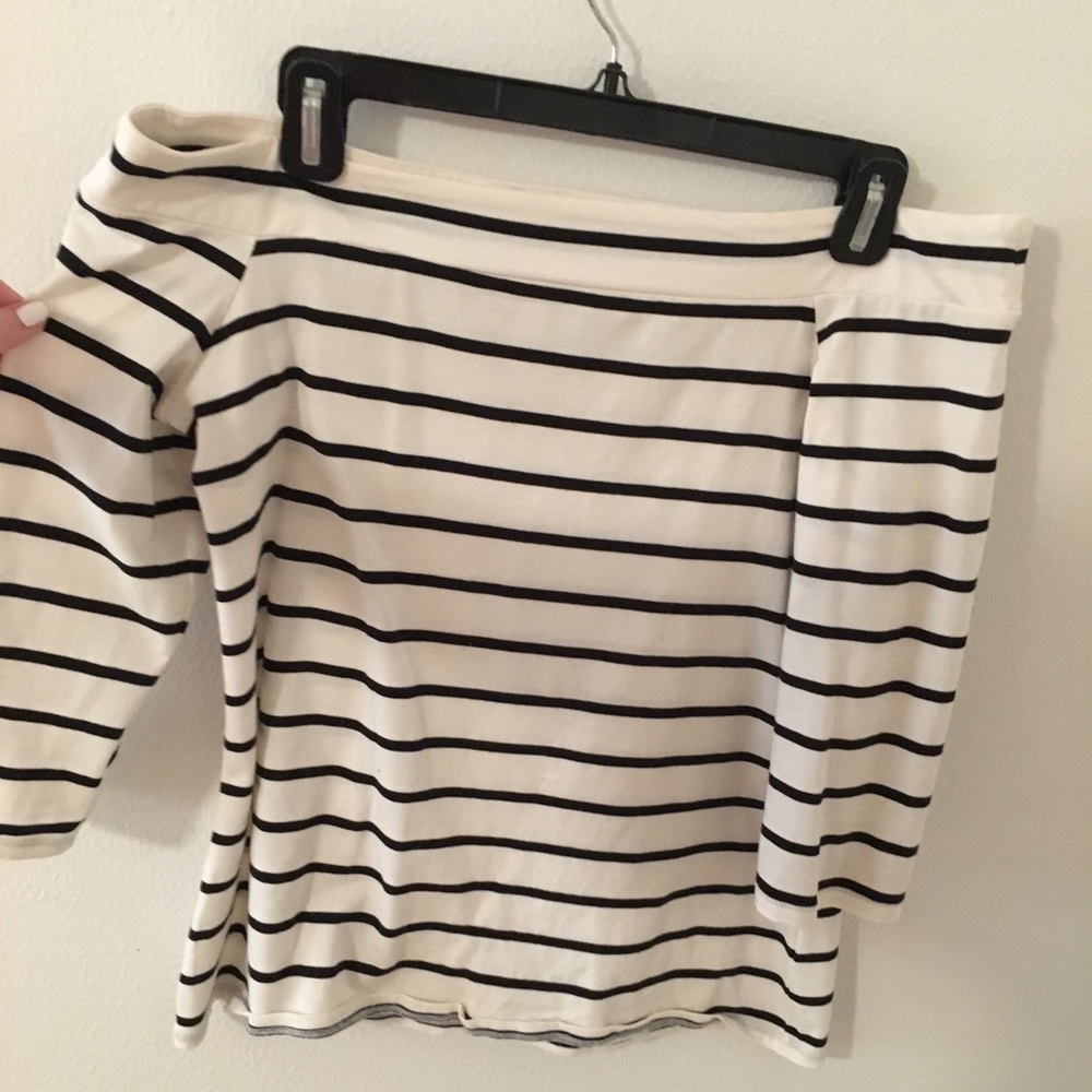 Off the Shoulder White and Blue Striped Top- LOFT